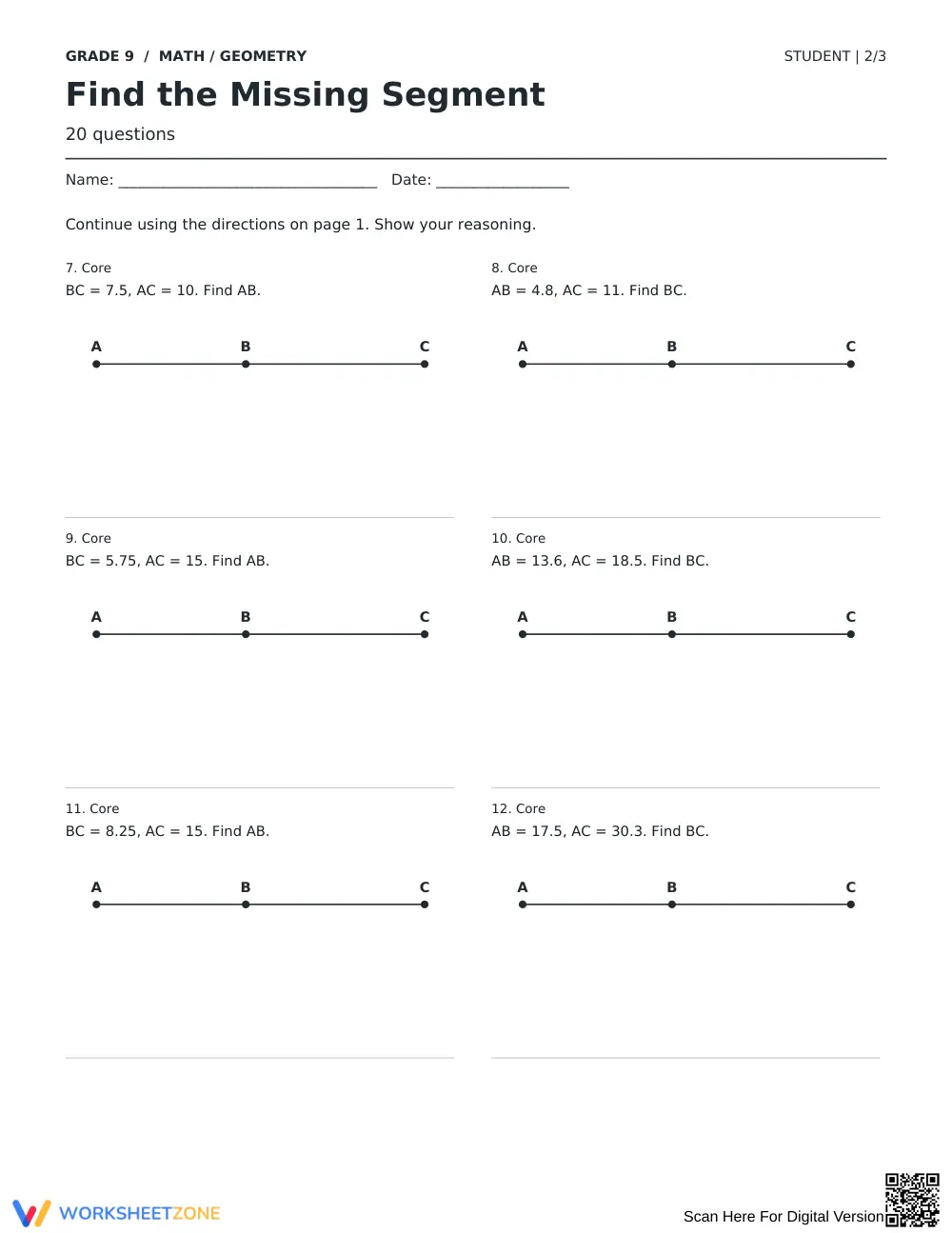Segment Addition Worksheet | Grade 9 Geometry Ready - Page 2