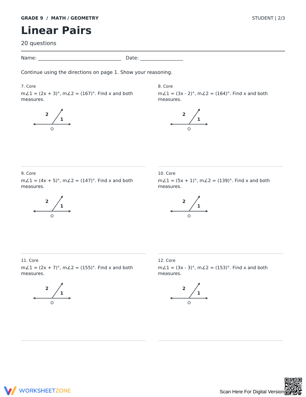 Linear Pairs Worksheet | Printable Grade 9 Geometry - Page 2