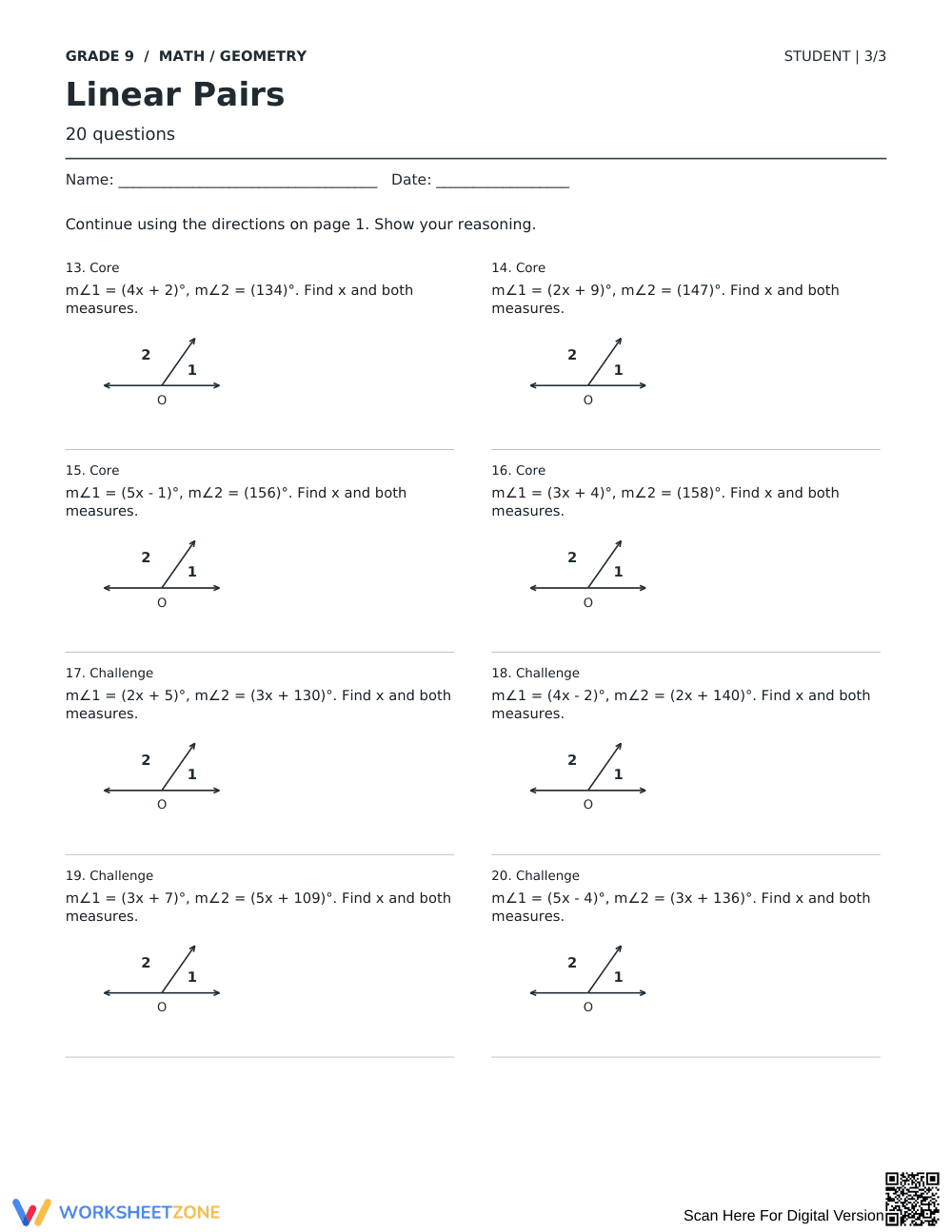 Linear Pairs Worksheet | Printable Grade 9 Geometry - Page 3
