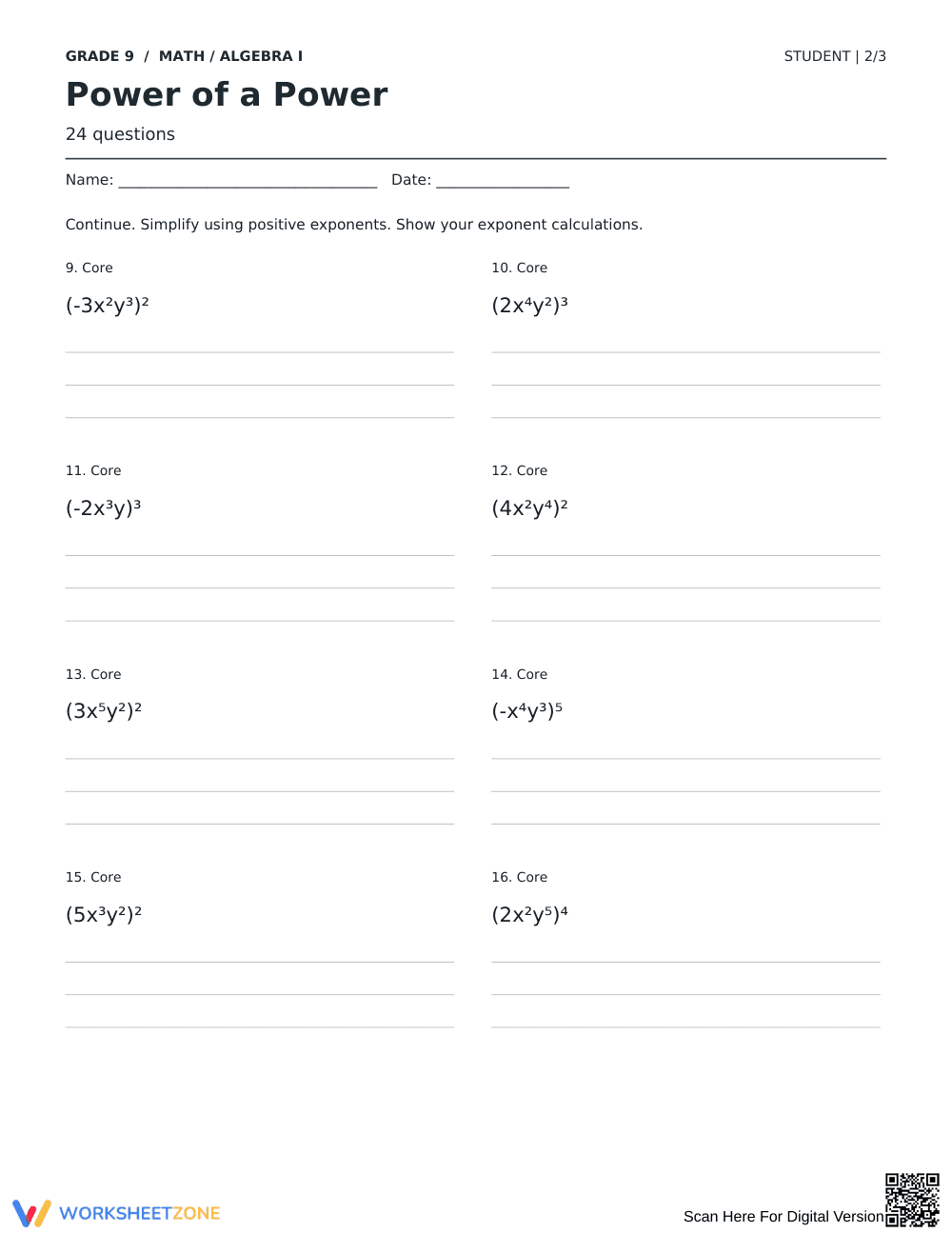 Power of a Power Printable Worksheet | Grade 9 Algebra - Page 2