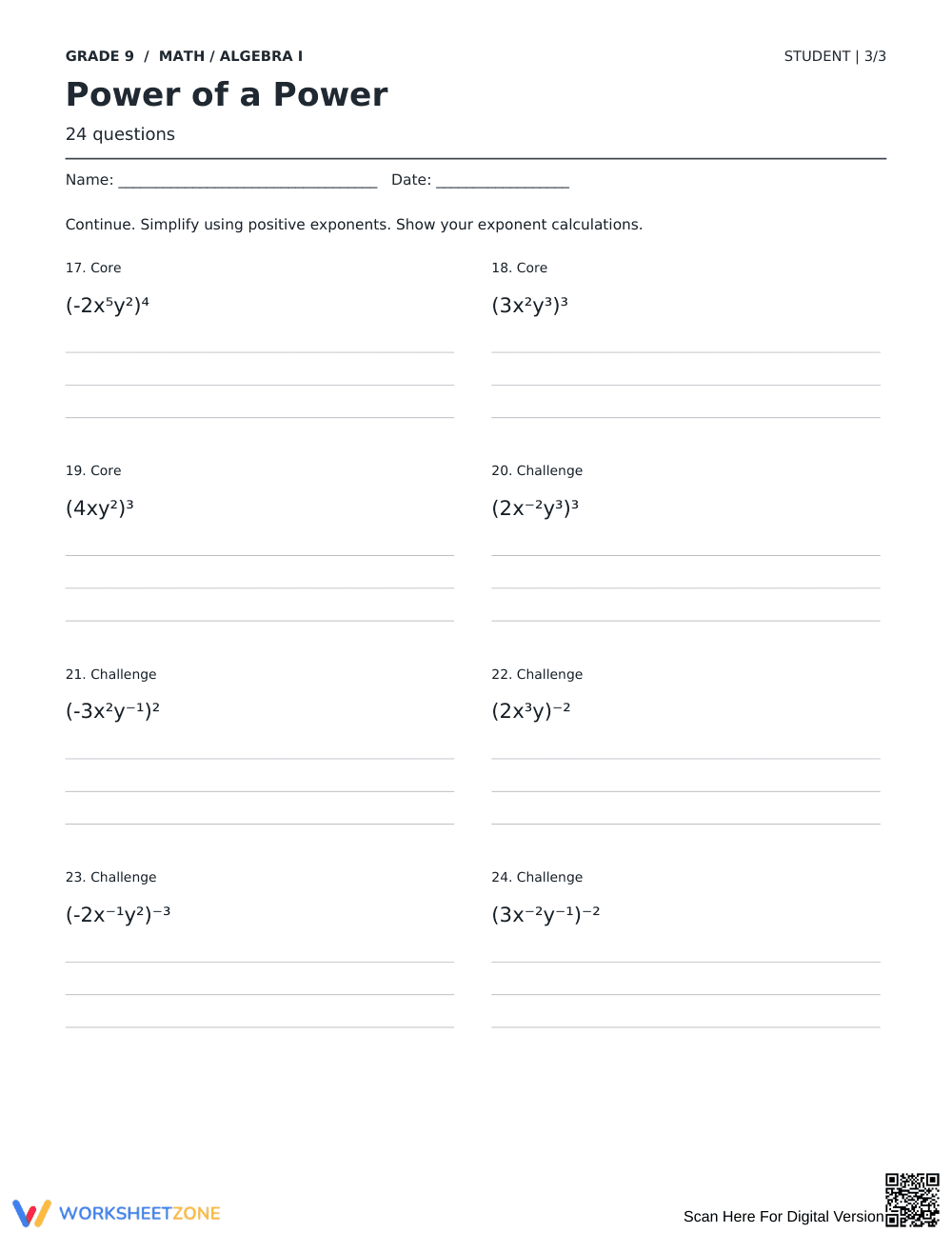 Power of a Power Printable Worksheet | Grade 9 Algebra - Page 3