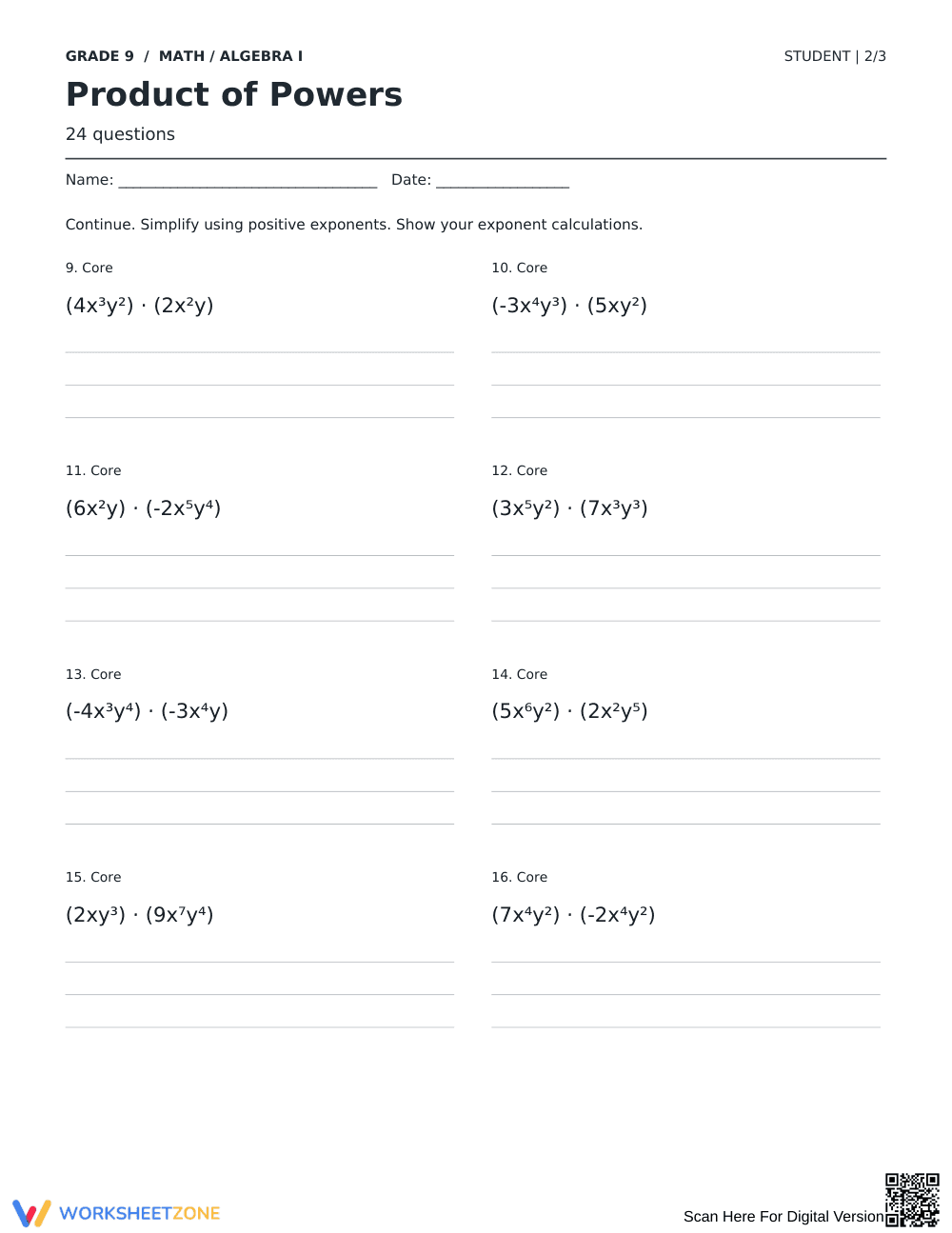 Product of Powers Worksheet | Grade 9 Algebra Printable - Page 2