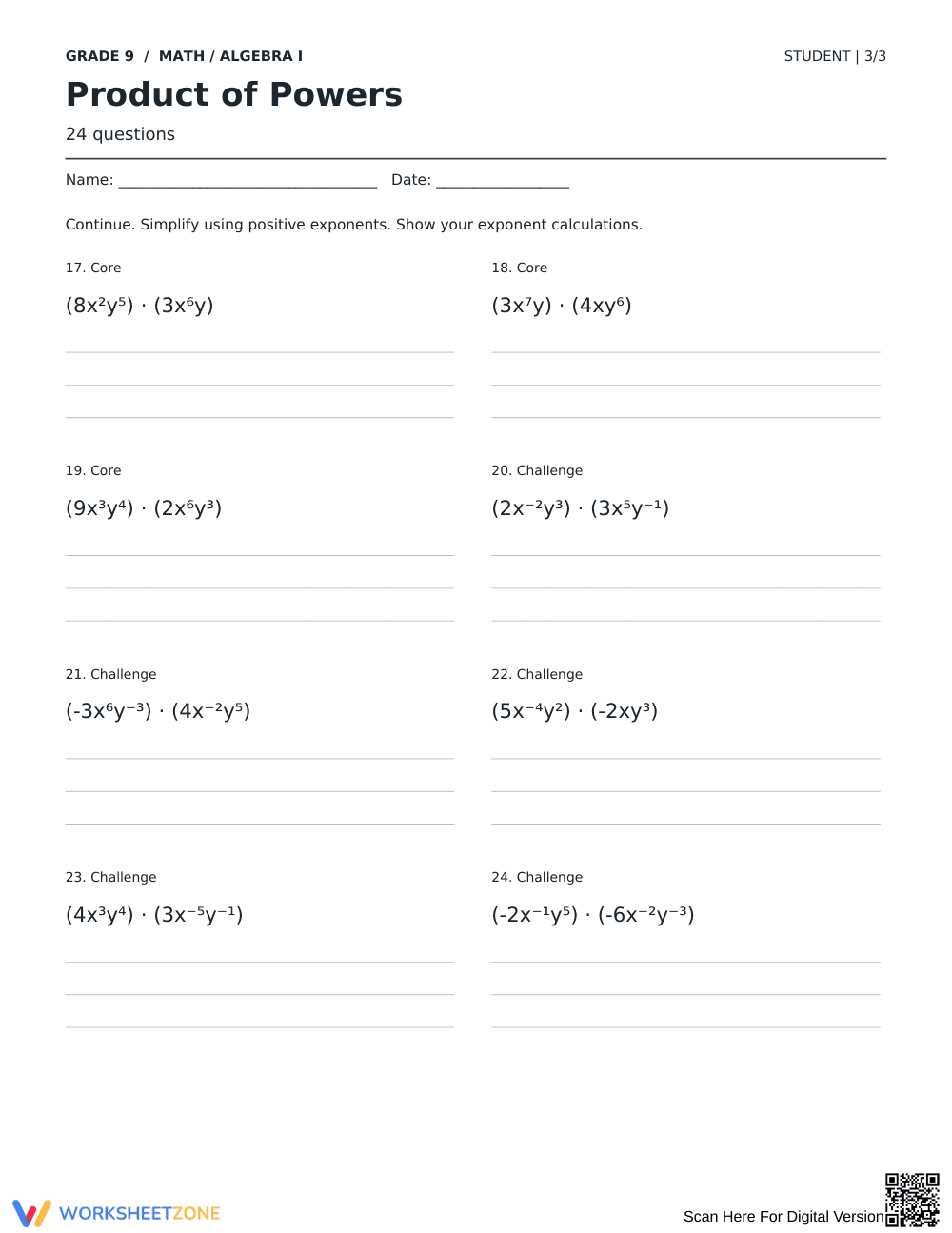 Product of Powers Worksheet | Grade 9 Algebra Printable - Page 3
