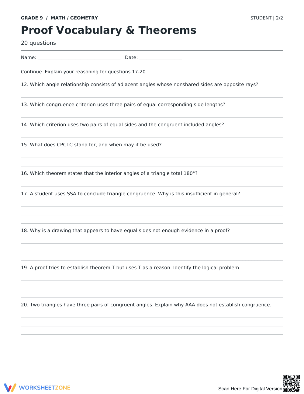 Proof Vocabulary & Theorems Worksheet | Essential Grade 9 - Page 2