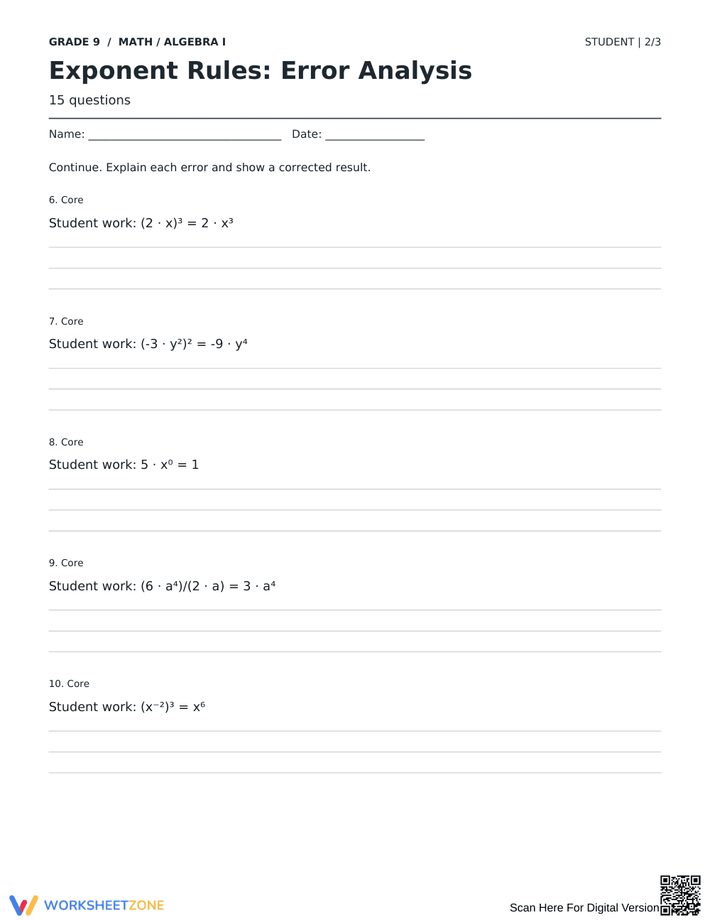 Exponent Rules Worksheet | Essential Grade 9 Math - Page 2