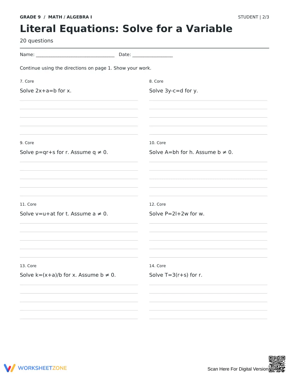 Literal Equations Printable Worksheet | Grade 9 Algebra - Page 2