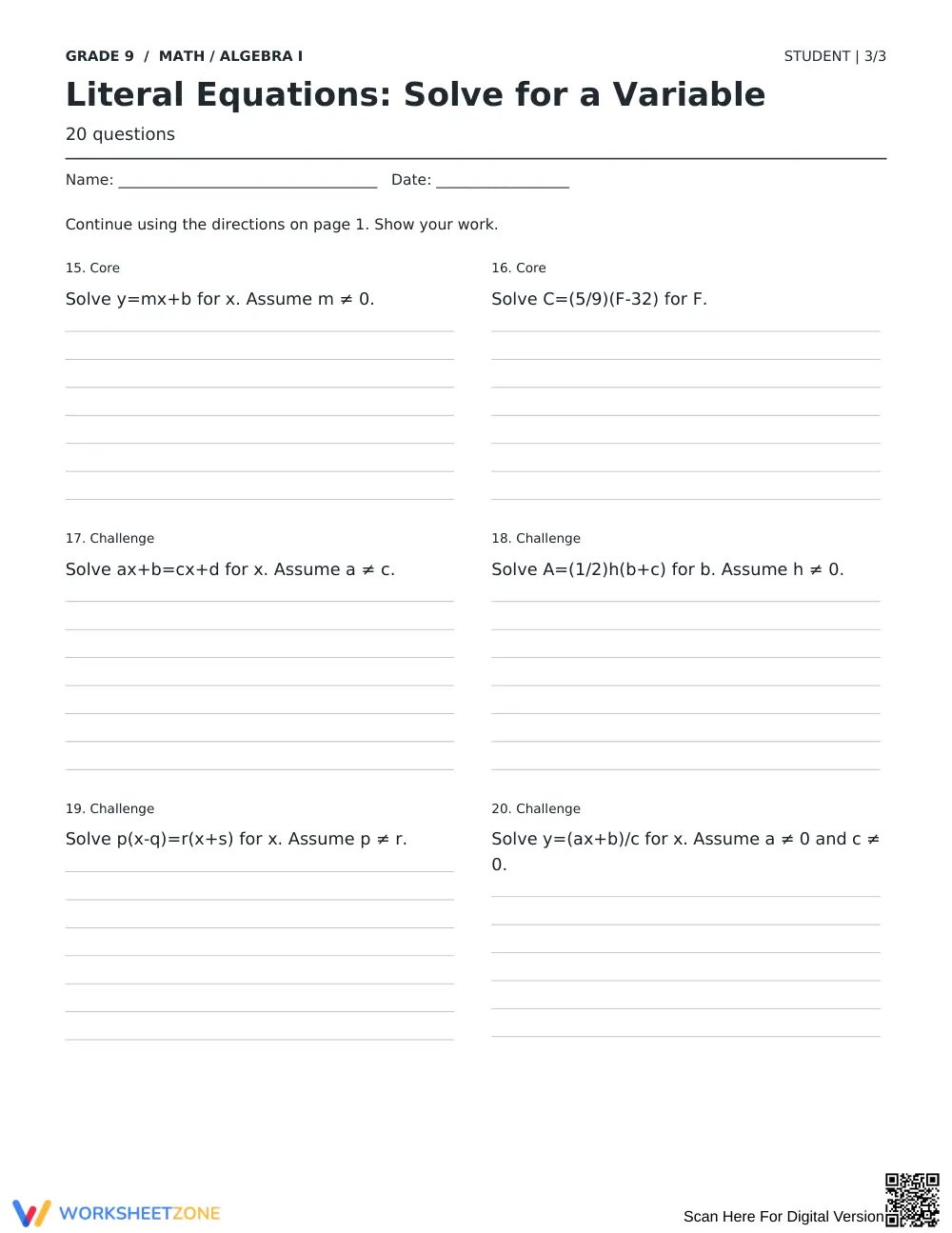 Literal Equations Printable Worksheet | Grade 9 Algebra - Page 3