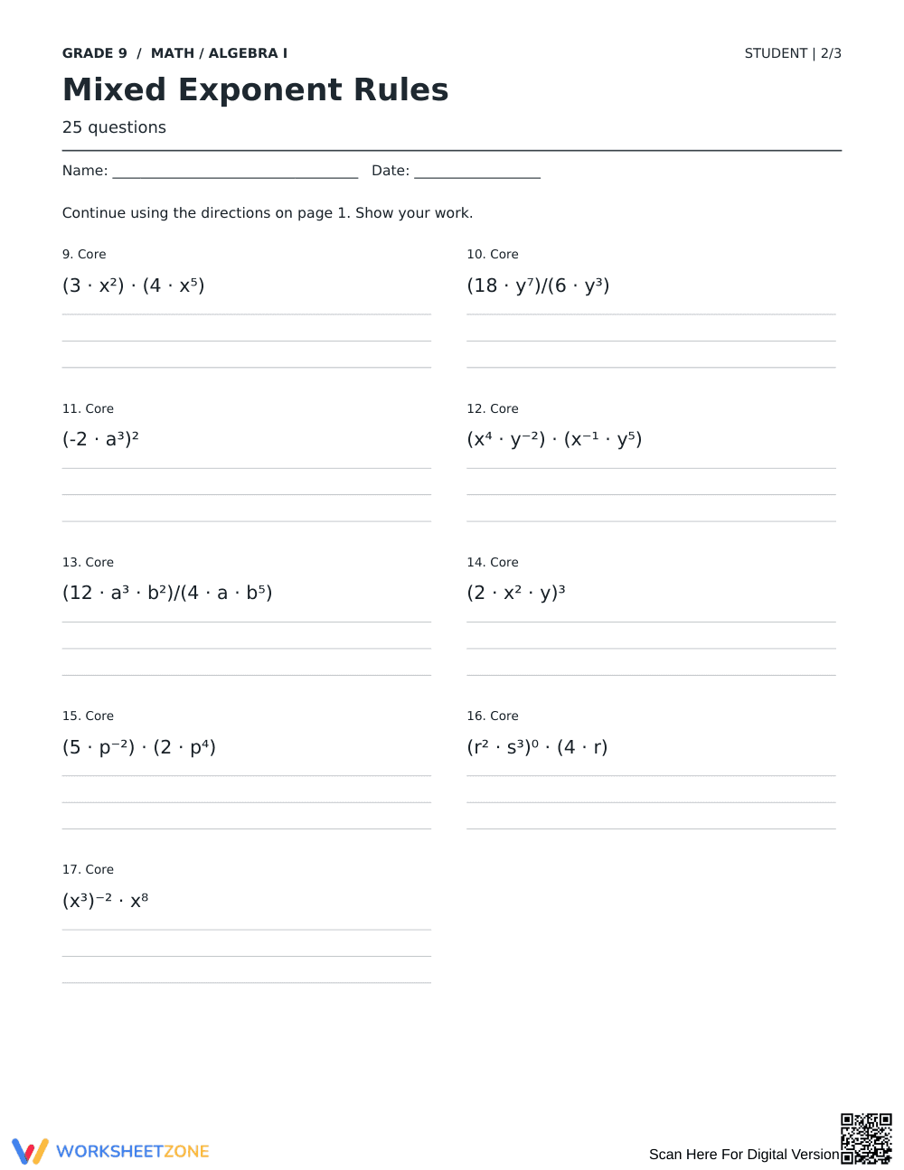 Mixed Exponent Rules Worksheet | Grade 9 Ready - Page 2