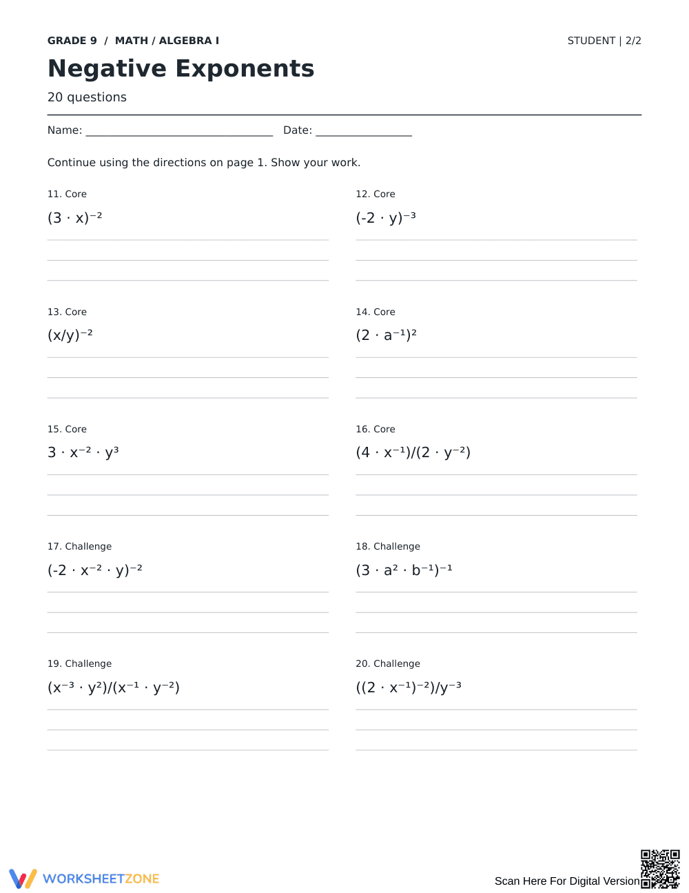 Negative Exponents Worksheet | Grade 9 Essential - Page 2