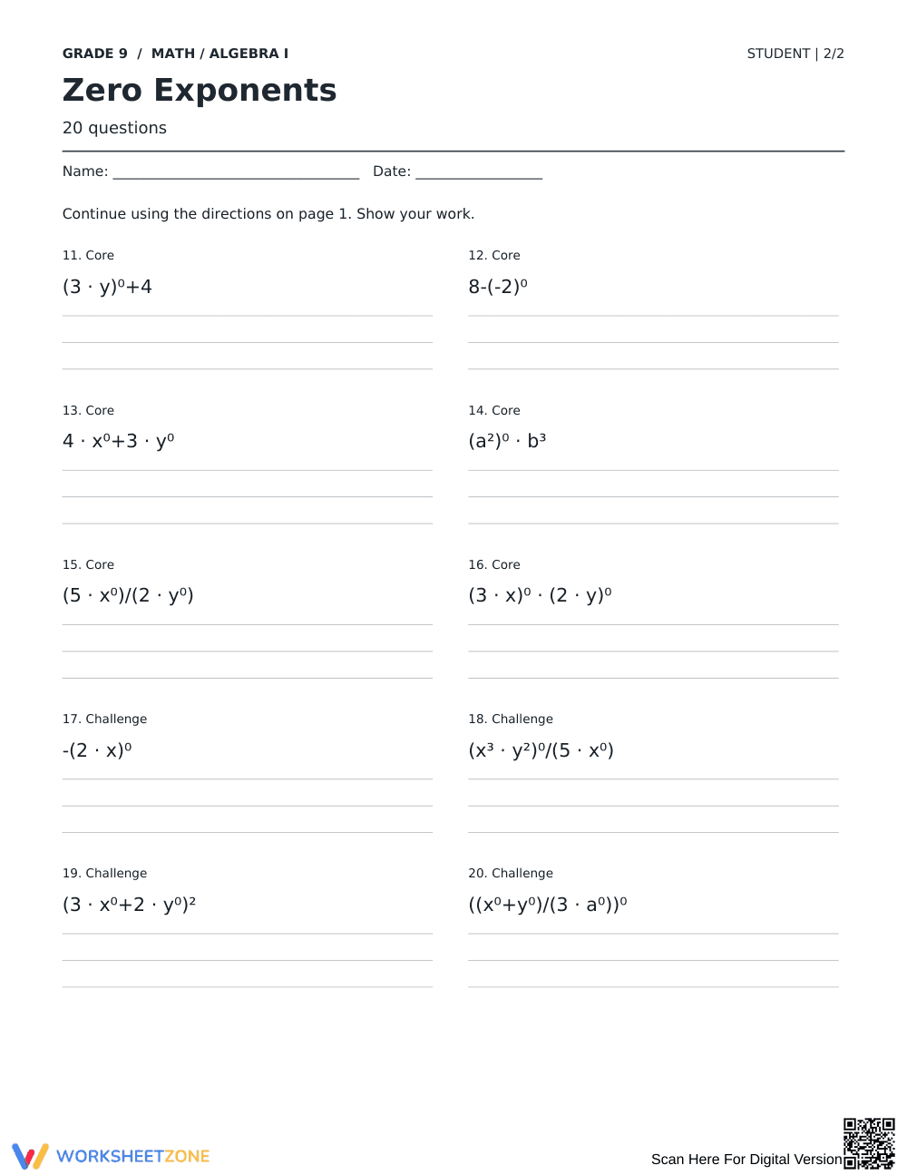 Zero Exponents Worksheet | Grade 9 Math Ready - Page 2