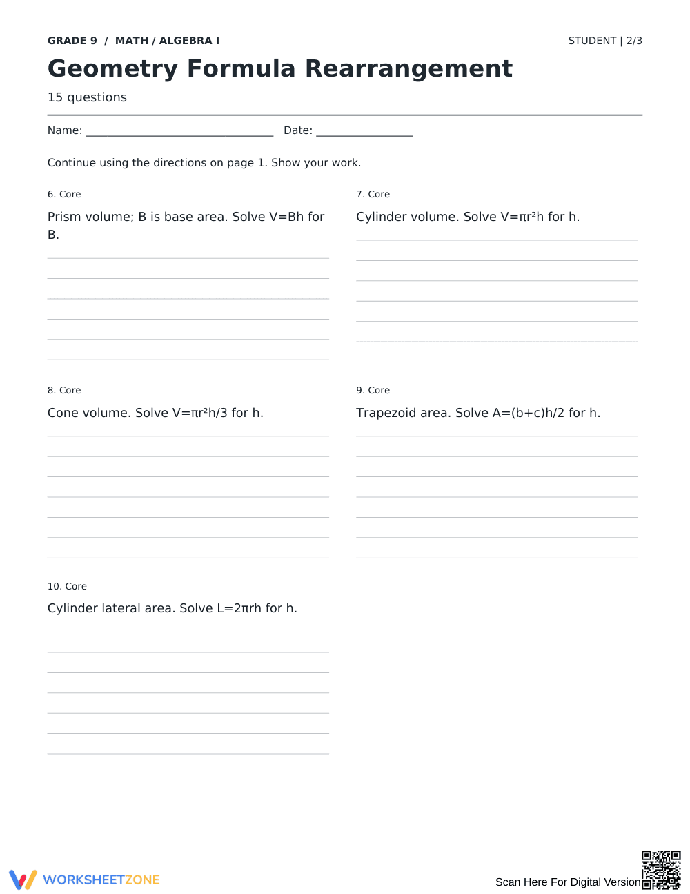 Geometry Formula Rearrangement | Grade 9 Essential - Page 2