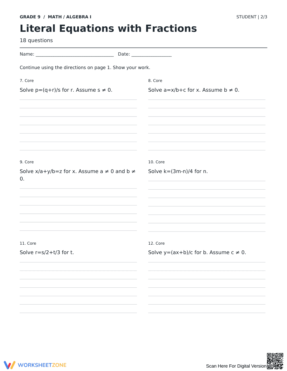 Literal Equations with Fractions Printable Worksheet - Page 2