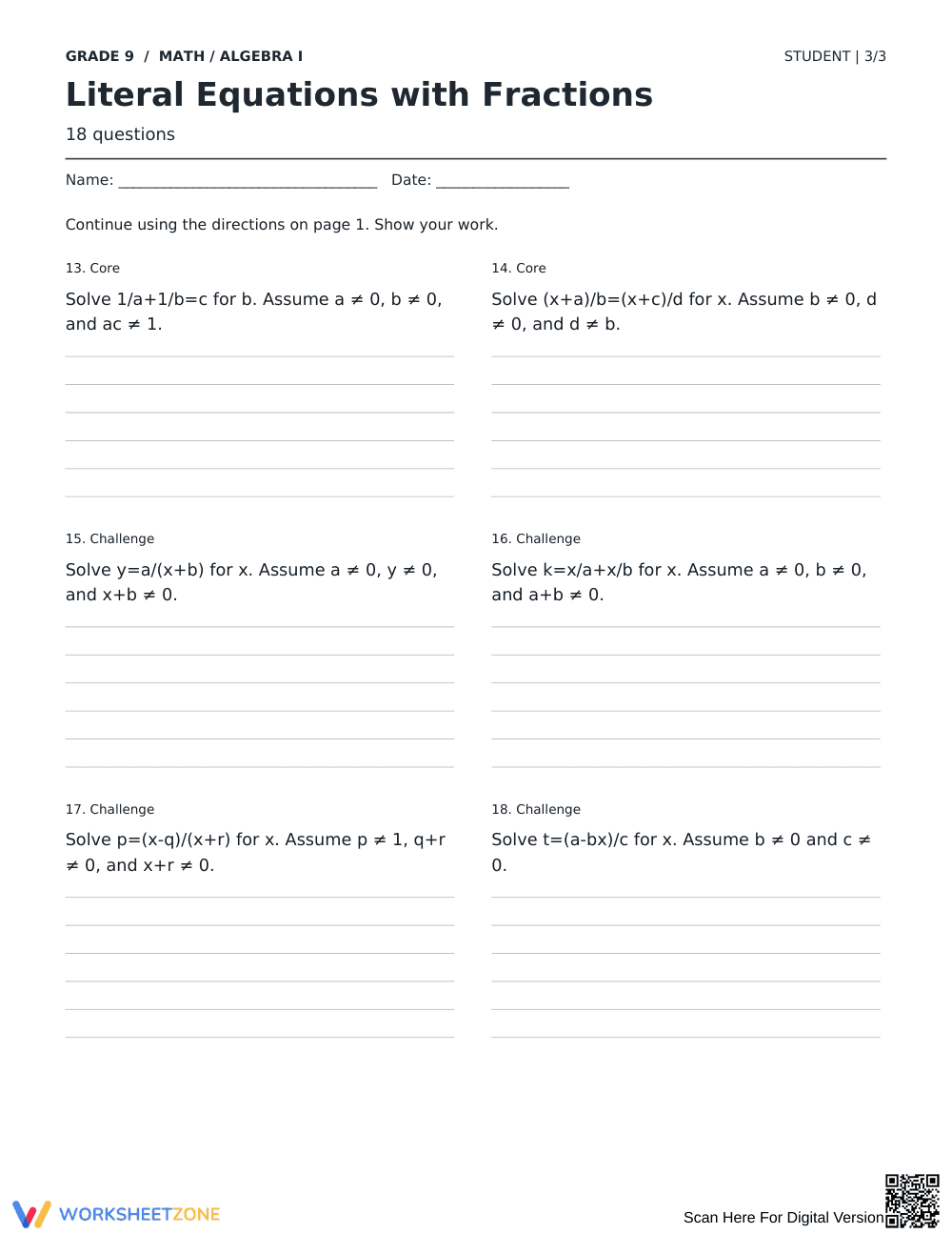 Literal Equations with Fractions Printable Worksheet - Page 3
