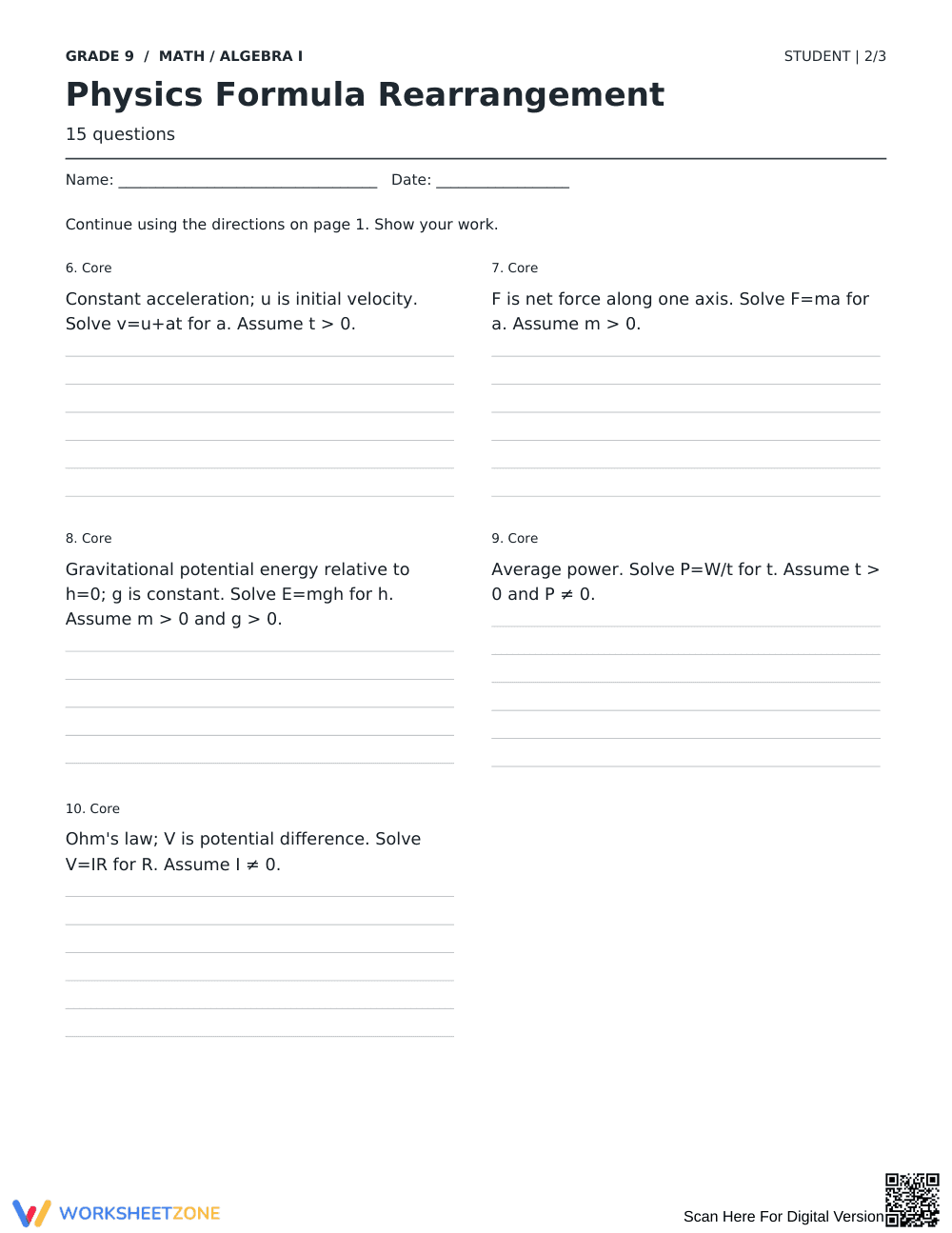 Physics Formula Rearrangement Worksheet | Grade 9 Essential - Page 2