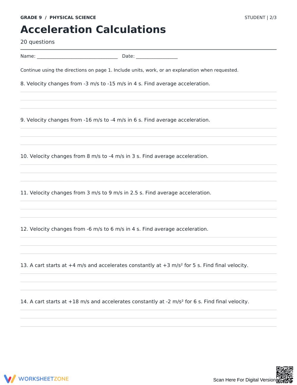 Printable Acceleration Calculations Worksheet | Grade 9 - Page 2