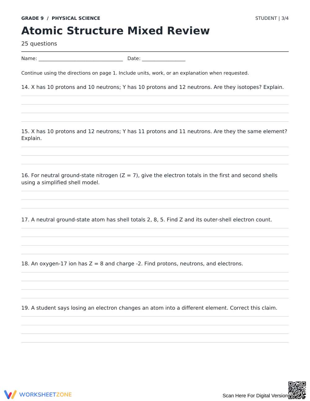 Complete Atomic Structure Worksheet | Grade 9 Science - Page 3
