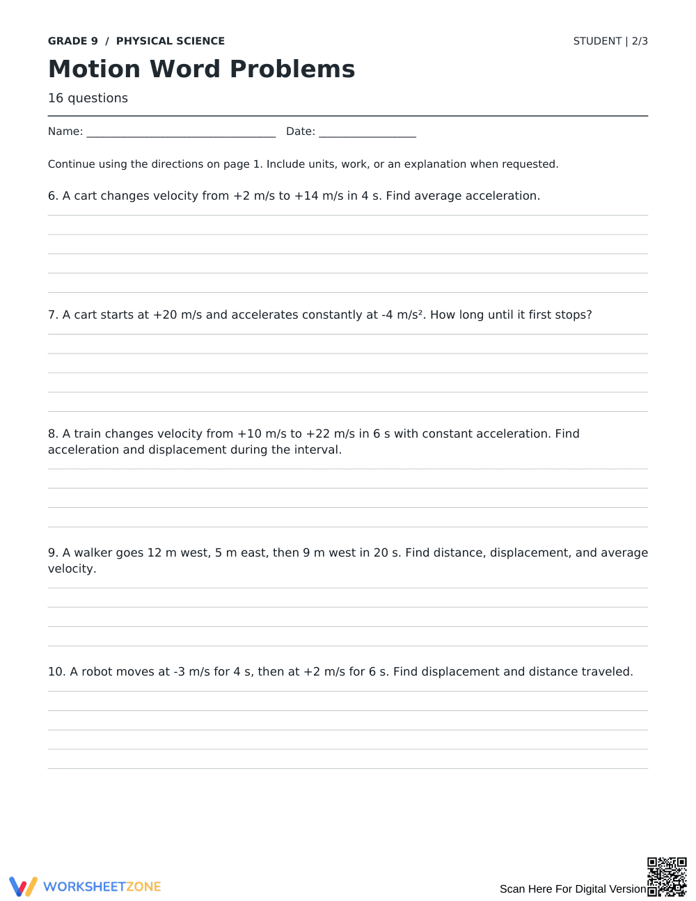 Motion Word Problems Worksheet | Grade 9 Essential - Page 2