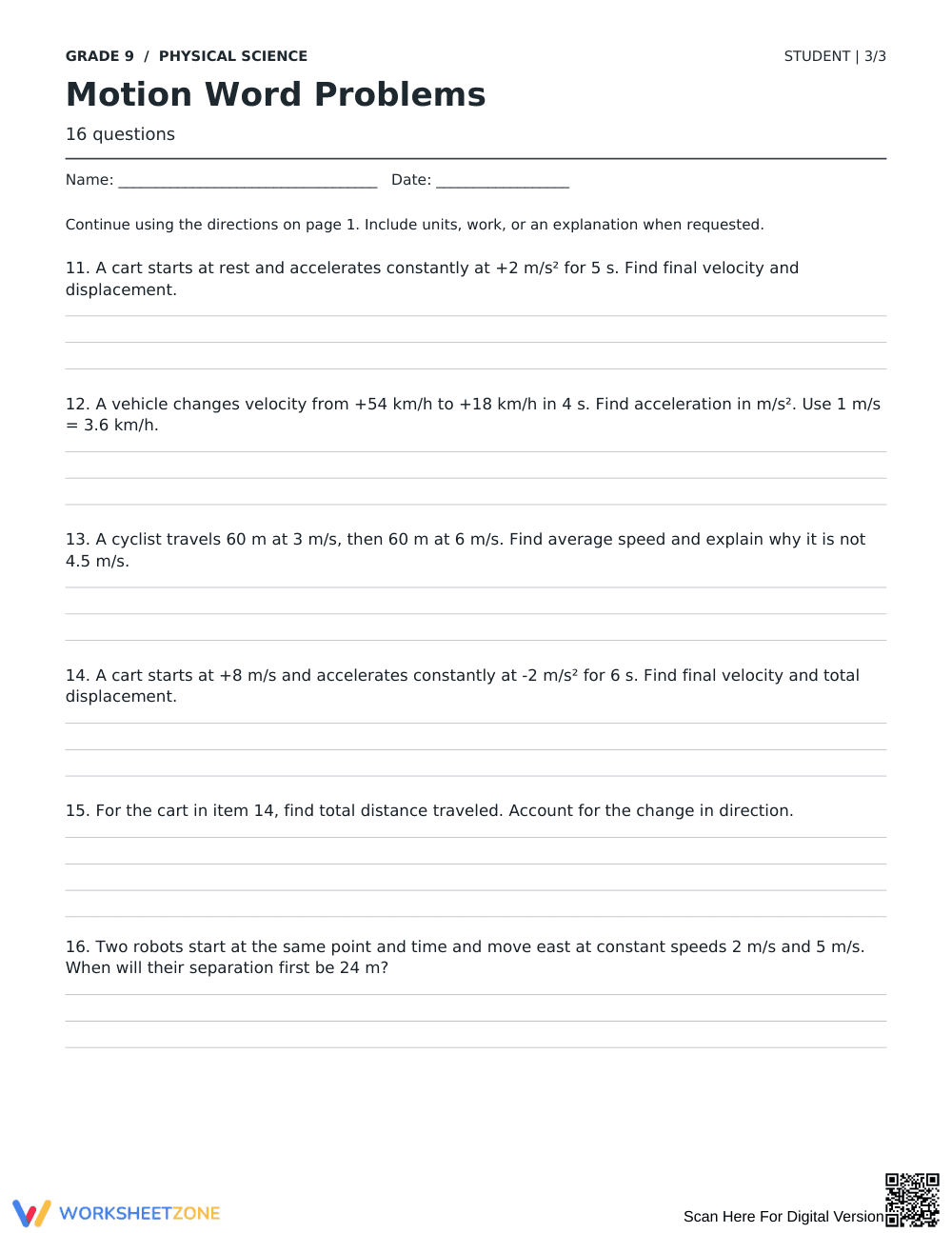 Motion Word Problems Worksheet | Grade 9 Essential - Page 3