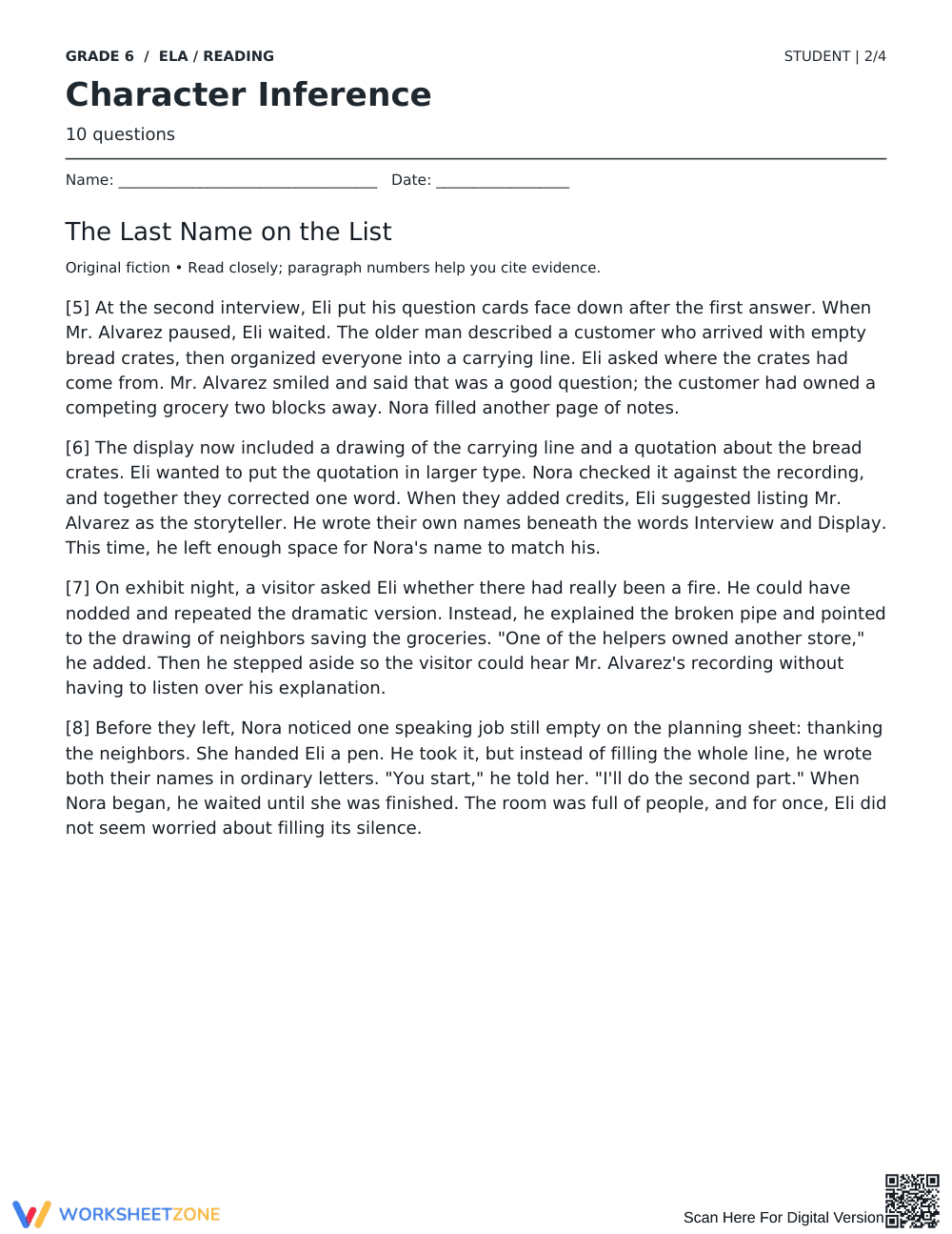 Character Inference Worksheet | Grade 6 Printable - Page 2