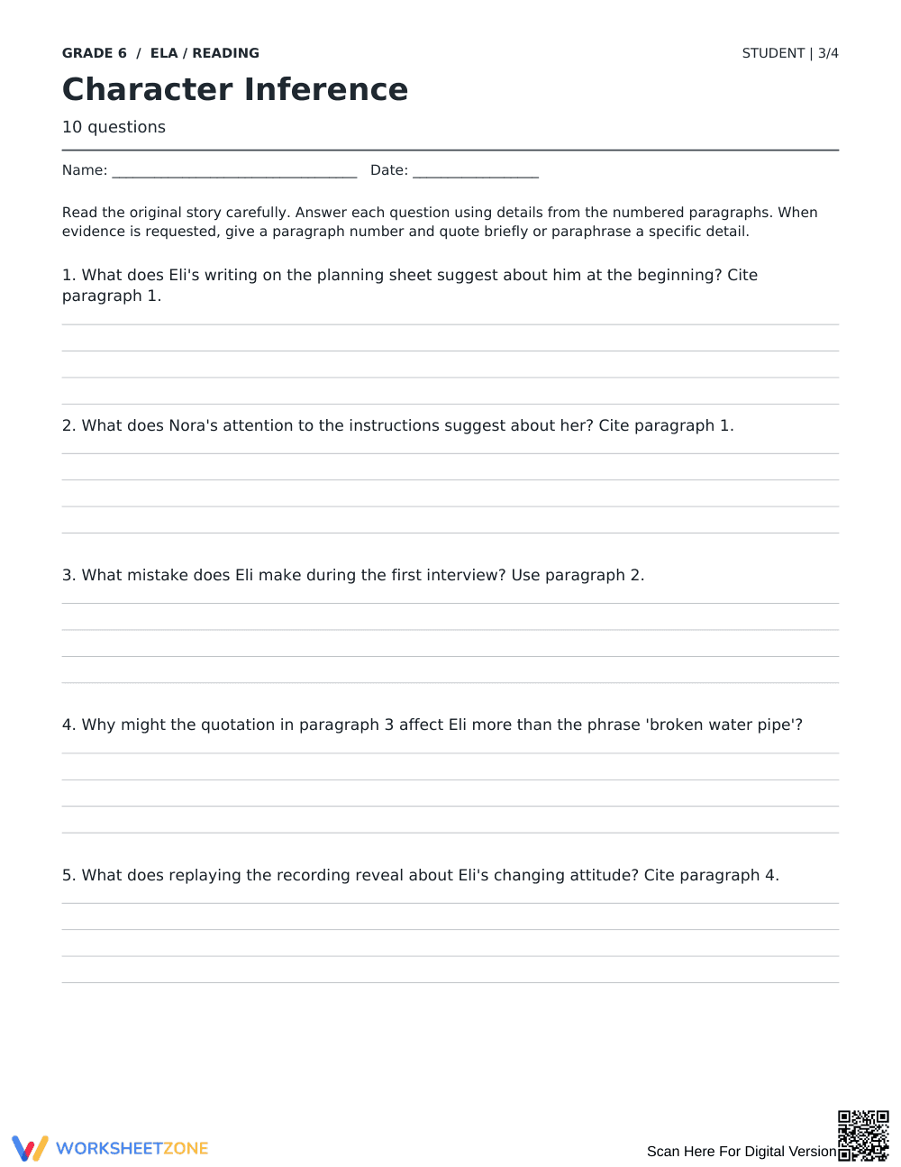 Character Inference Worksheet | Grade 6 Printable - Page 3
