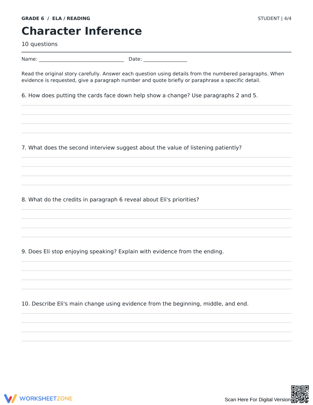 Character Inference Worksheet | Grade 6 Printable - Page 4