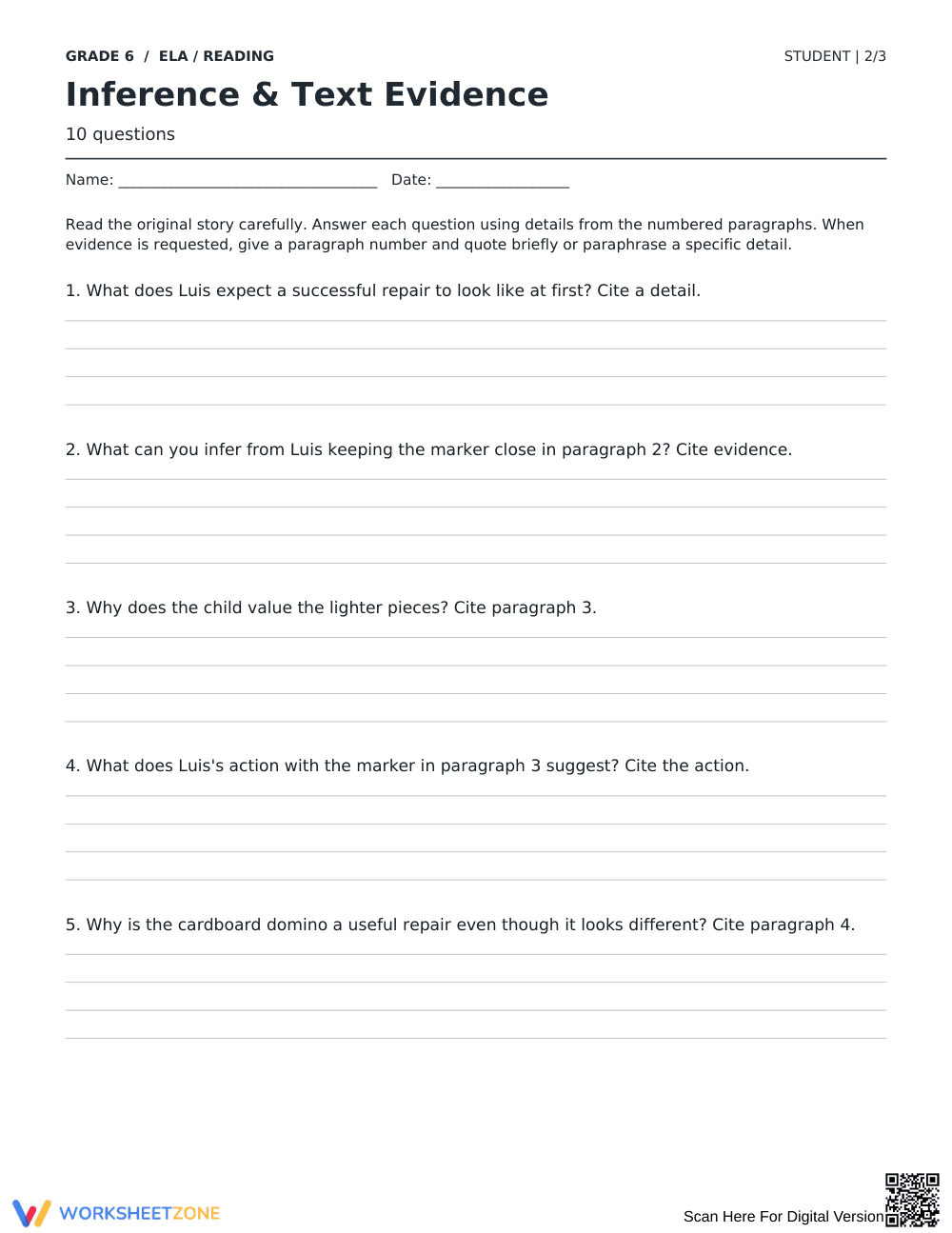 RL.6.1 Worksheet: Inferences — Grade 6 Aligned - Page 2