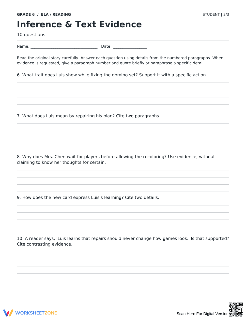 RL.6.1 Worksheet: Inferences — Grade 6 Aligned - Page 3