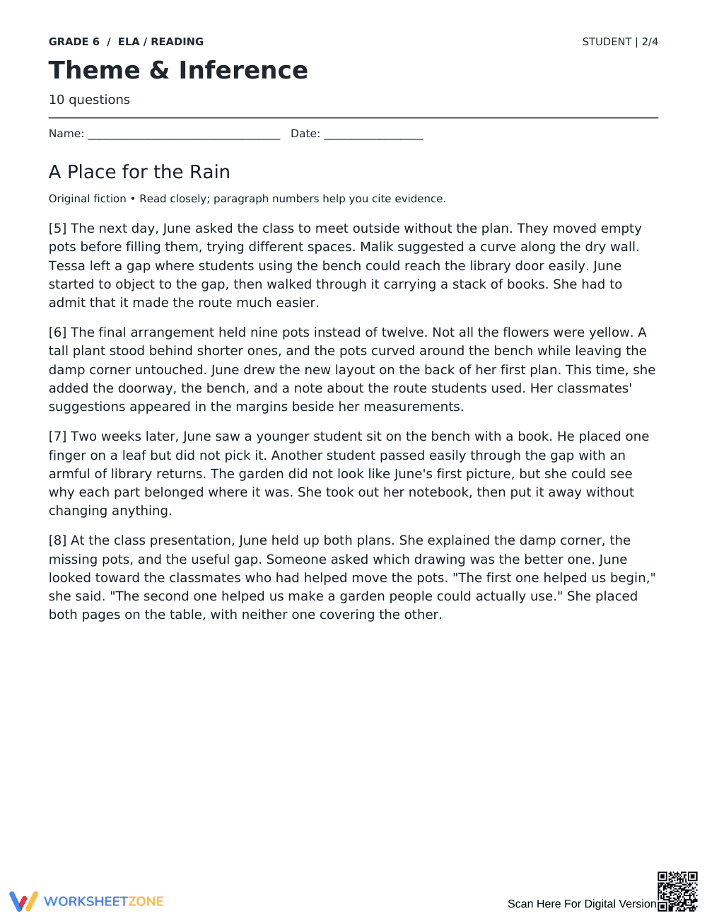 Theme and Inference Worksheet | Grade 6 Reading Printable - Page 2