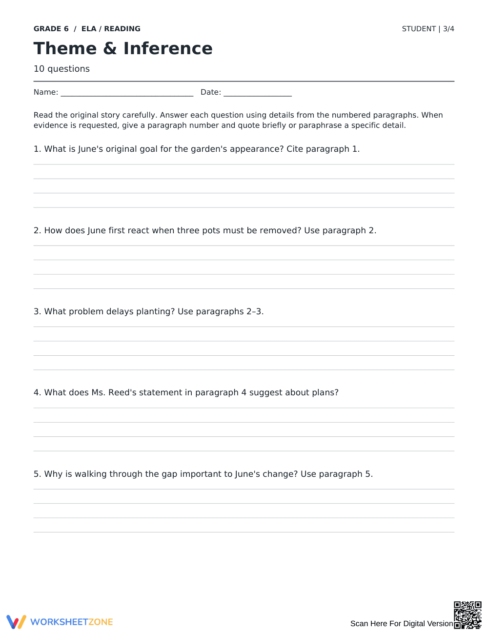 Theme and Inference Worksheet | Grade 6 Reading Printable - Page 3