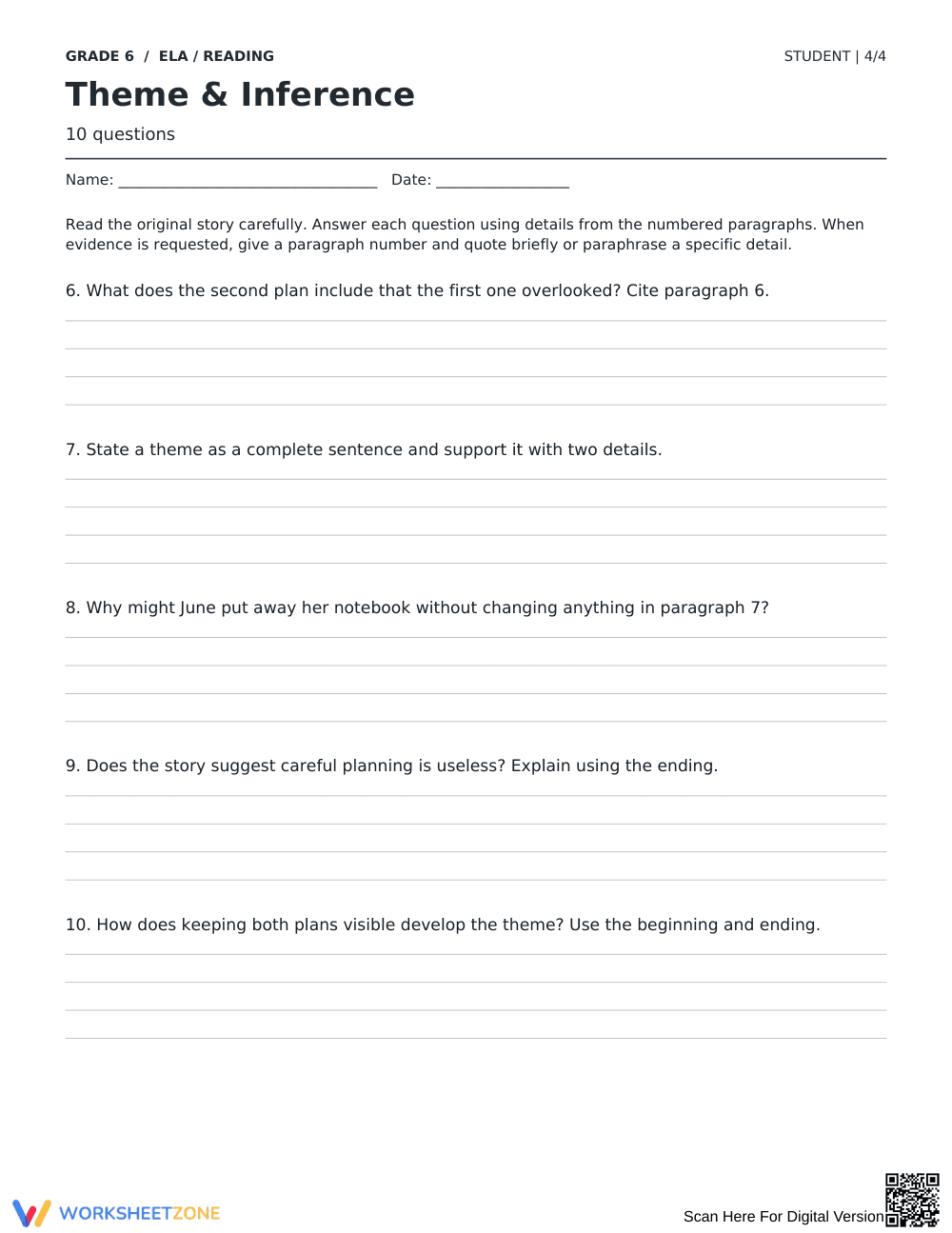 Theme and Inference Worksheet | Grade 6 Reading Printable - Page 4