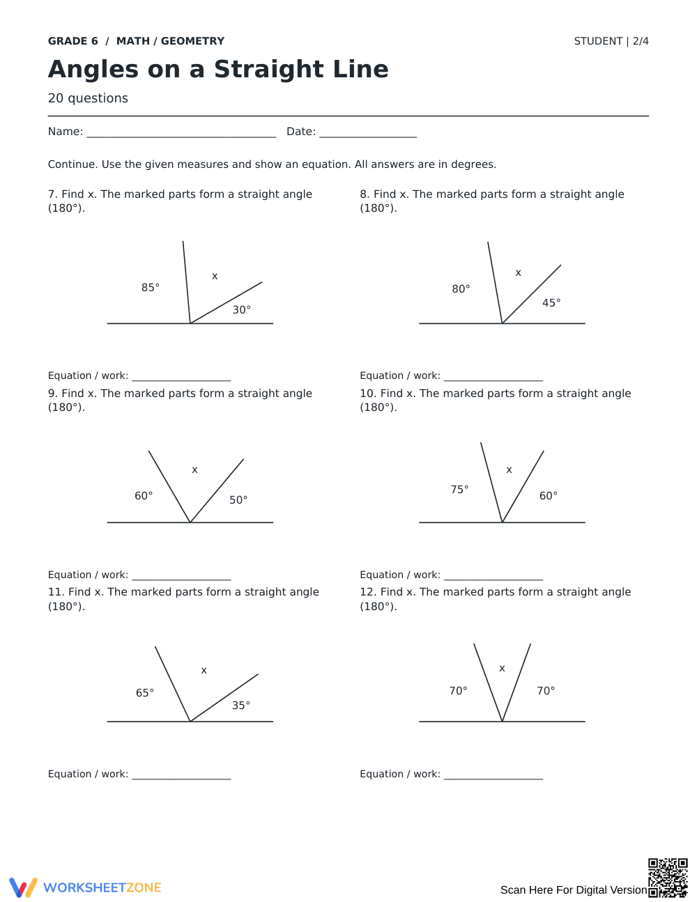 Angles on a Straight Line Printable | Grade 6 - Page 2