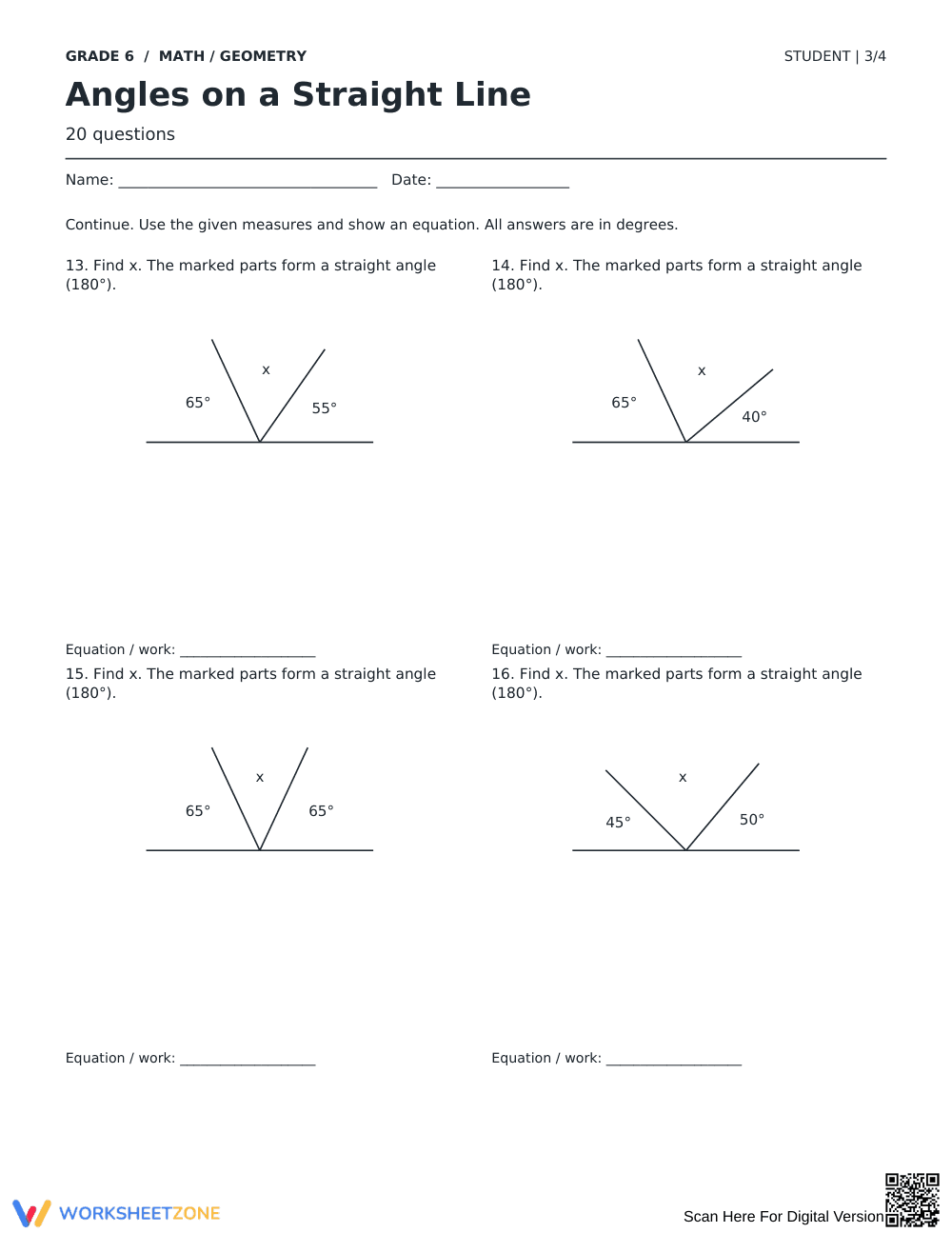 Angles on a Straight Line Printable | Grade 6 - Page 3