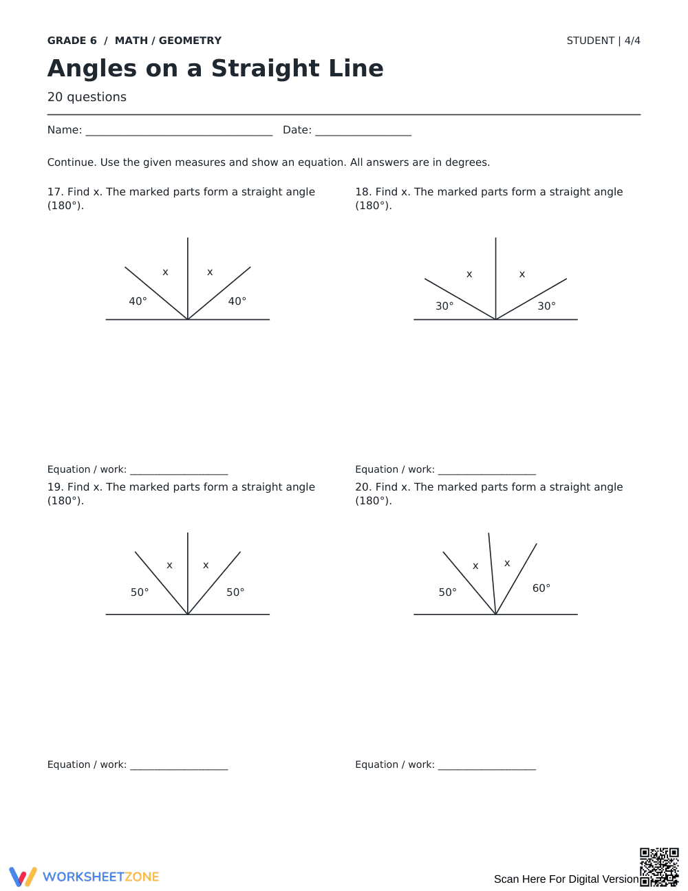 Angles on a Straight Line Printable | Grade 6 - Page 4