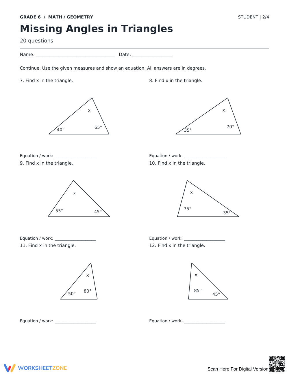 Missing Angles in Triangles Worksheet | Grade 6 Ready - Page 2