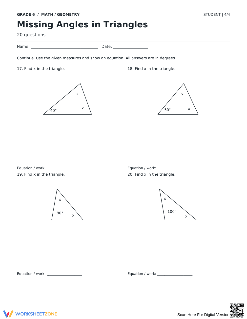 Missing Angles in Triangles Worksheet | Grade 6 Ready - Page 4