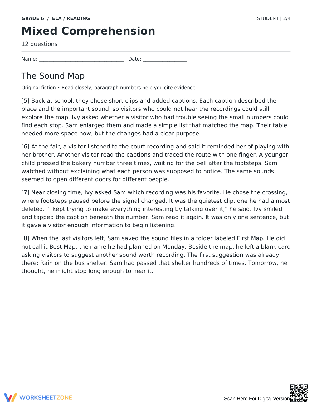 Reading Comprehension Worksheet | Grade 6 Printable - Page 2