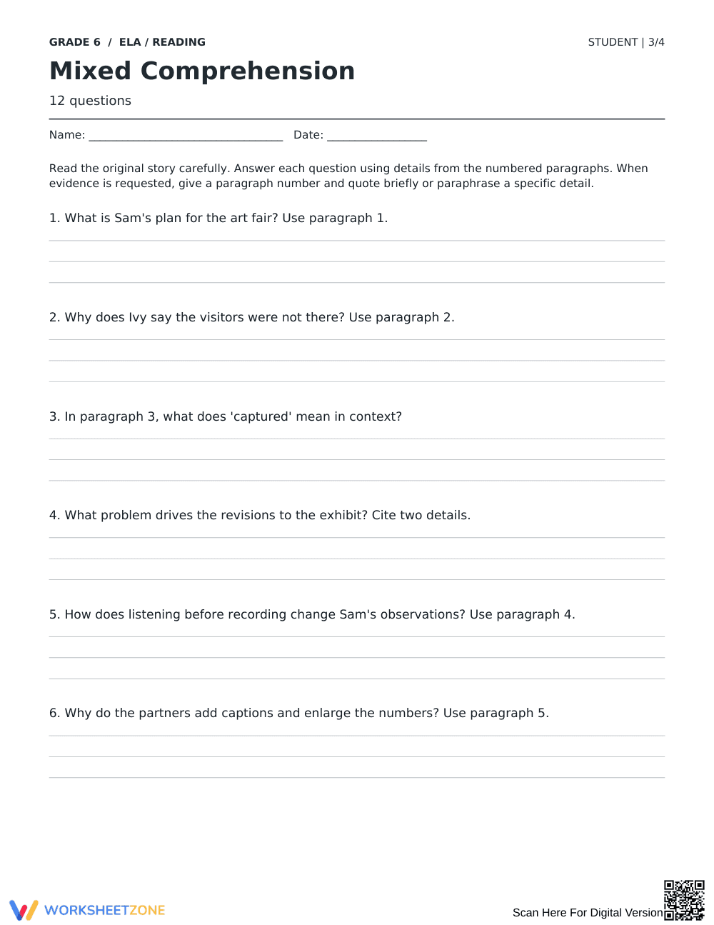 Reading Comprehension Worksheet | Grade 6 Printable - Page 3