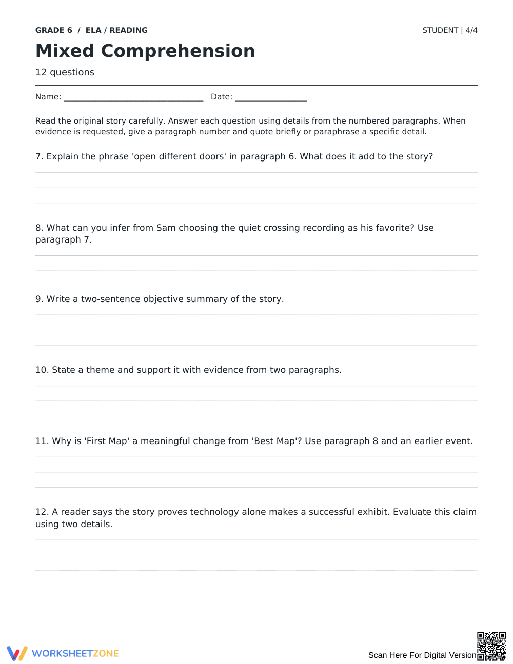 Reading Comprehension Worksheet | Grade 6 Printable - Page 4