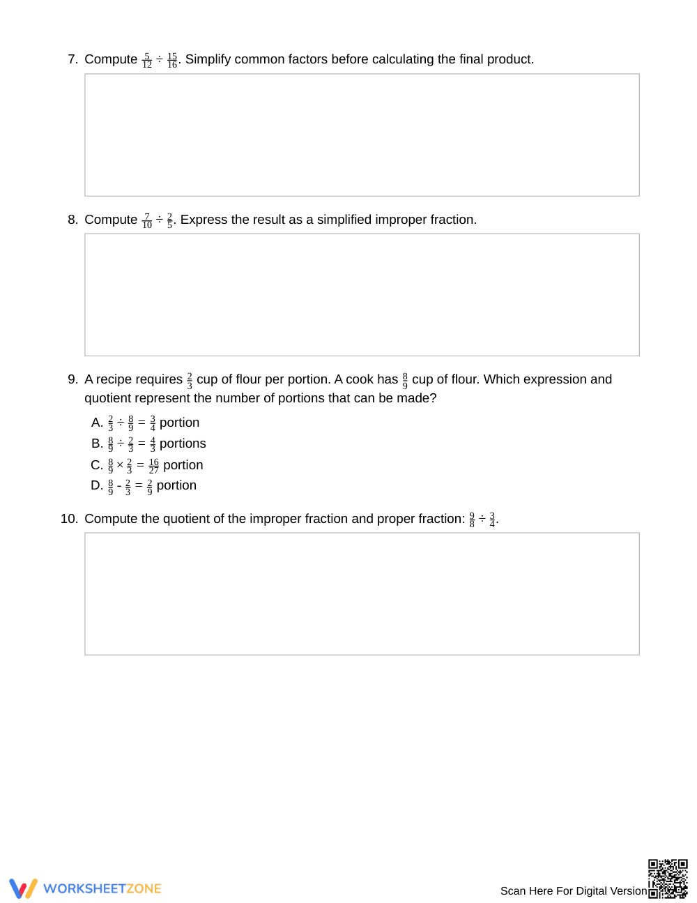 Complete Fraction Quotients Worksheet | Grade 6 Math - Page 3