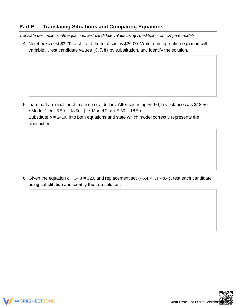 Complete Equation Solution Checks Worksheet | Grade 6 Math - Page 3