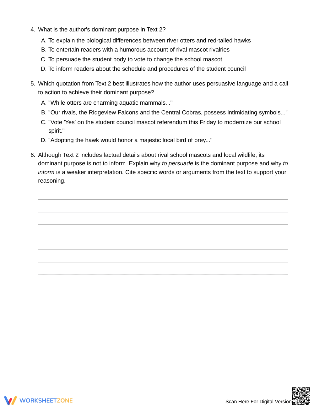 Complete Author's Purpose Worksheet | Grade 6 ELA - Page 3