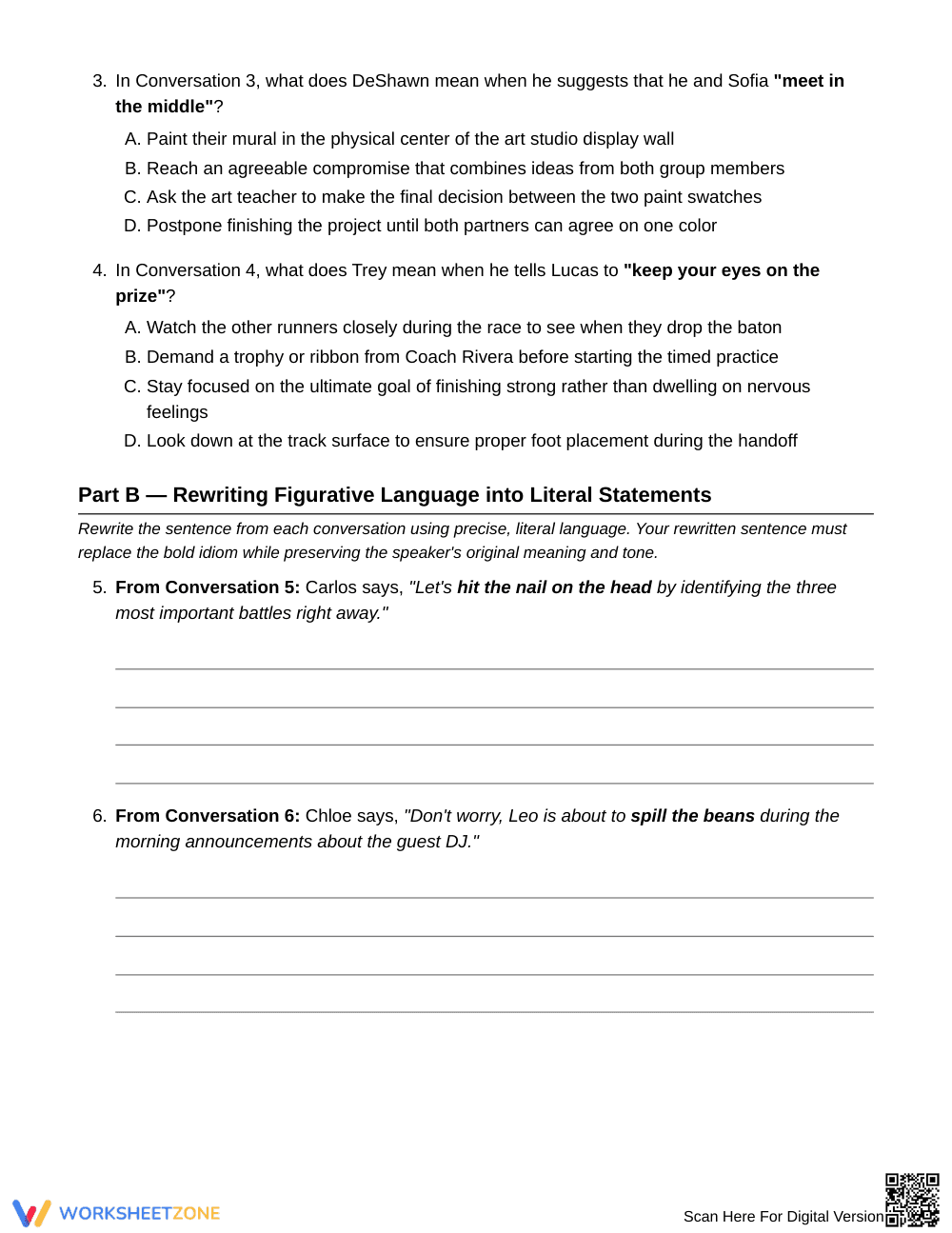 Essential Idioms in Context Worksheet | Grade 6 ELA - Page 3