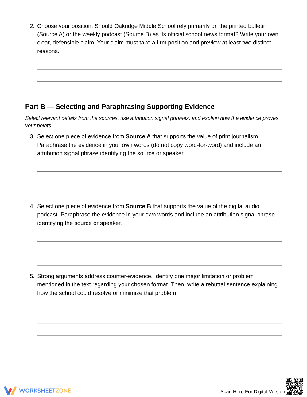 Aligned W.6.1.b Argument Evidence Worksheet | Grade 6 ELA - Page 3