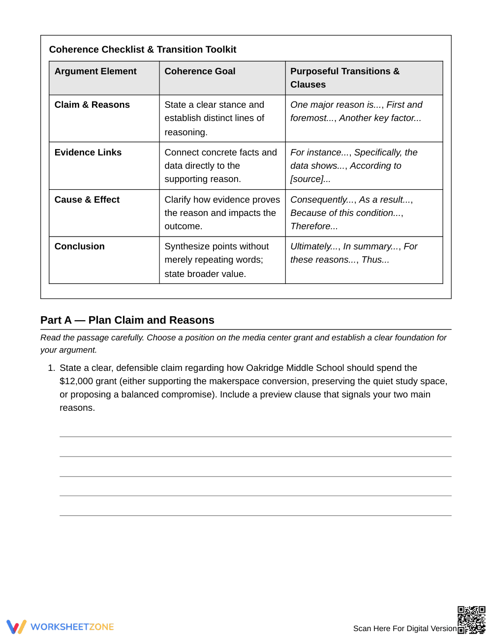 Complete Argument Transitions Worksheet | Grade 6 ELA - Page 2