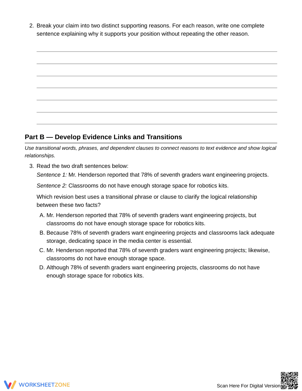 Complete Argument Transitions Worksheet | Grade 6 ELA - Page 3
