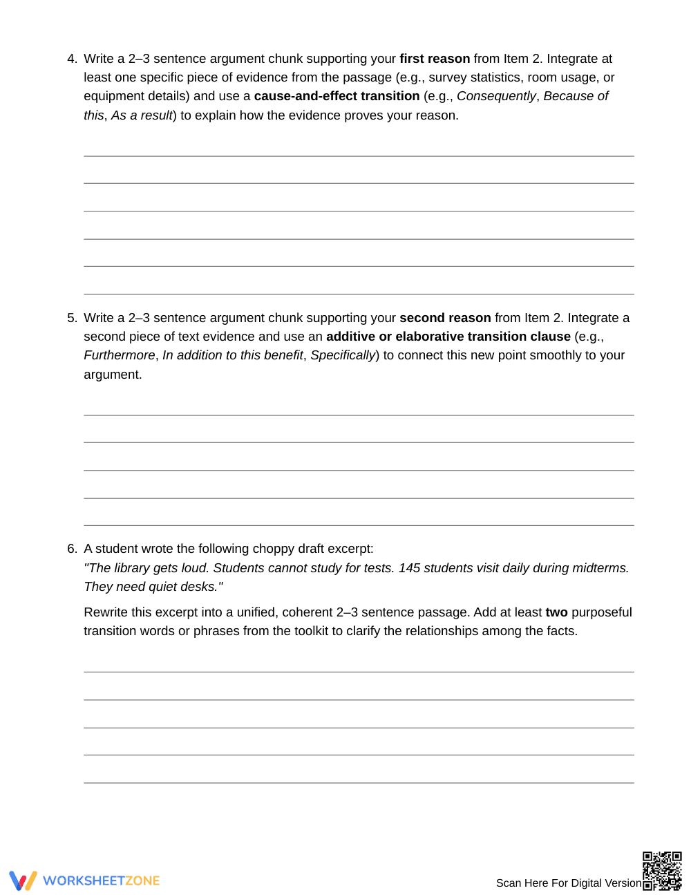 Complete Argument Transitions Worksheet | Grade 6 ELA - Page 4