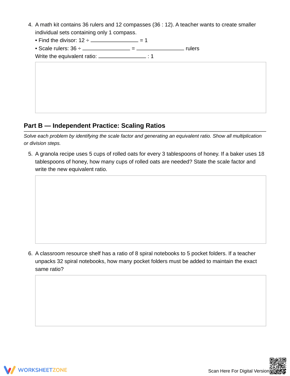 Complete Scaling Equivalent Ratios Worksheet | Grade 6 Math - Page 3