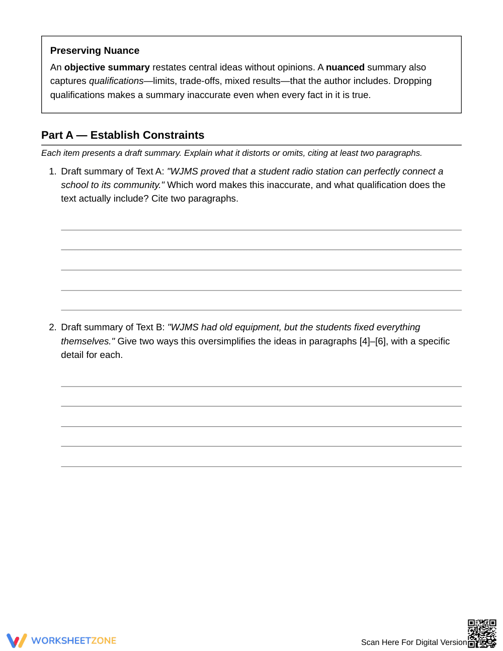 Printable Nuanced Summary Skills Worksheet | Grade 7 ELA - Page 2