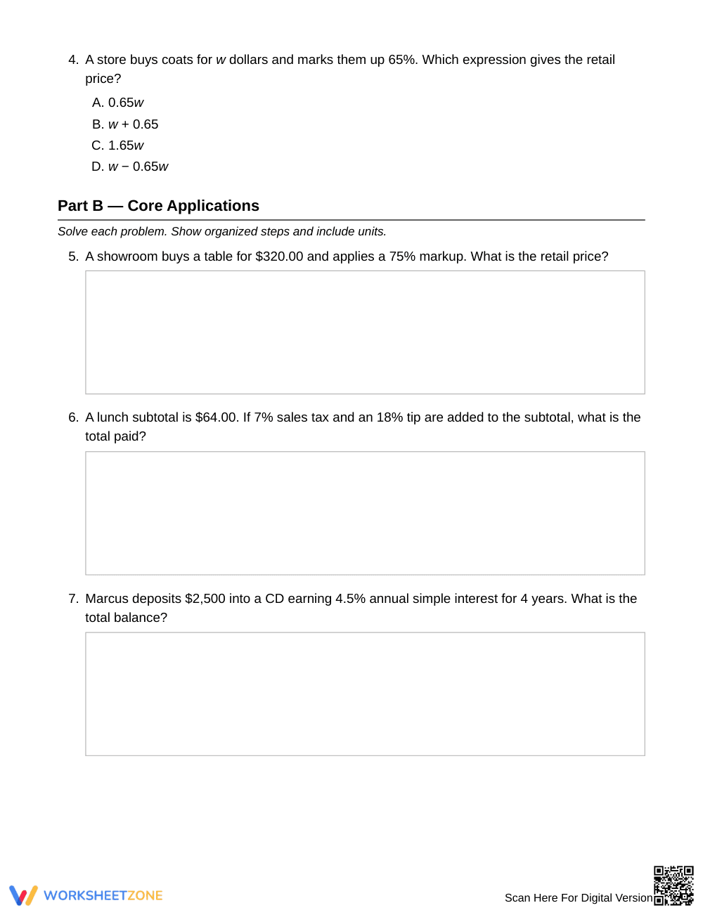 Printable Markup, Tip & Interest Worksheet | Grade 7 Math - Page 2