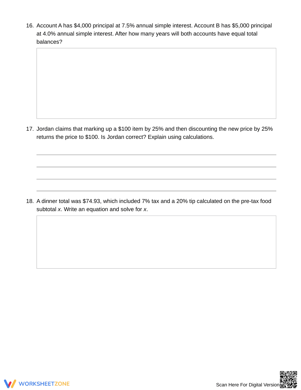 Printable Markup, Tip & Interest Worksheet | Grade 7 Math - Page 5